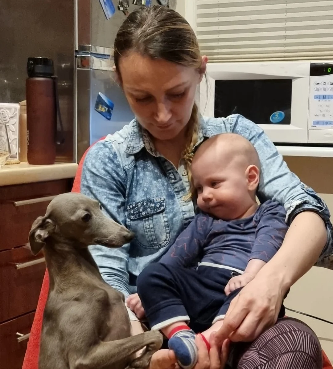 Mama laiko kūdikį Arnoldą ant kelių, šalia šuo